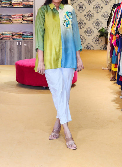 Green Multi Ombré Top With Hand Work Detail Comes With Trousers