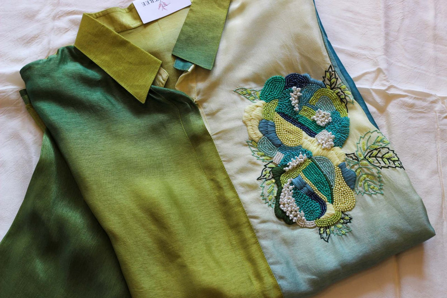 Green Multi Ombré Top With Hand Work Detail Comes With Trousers