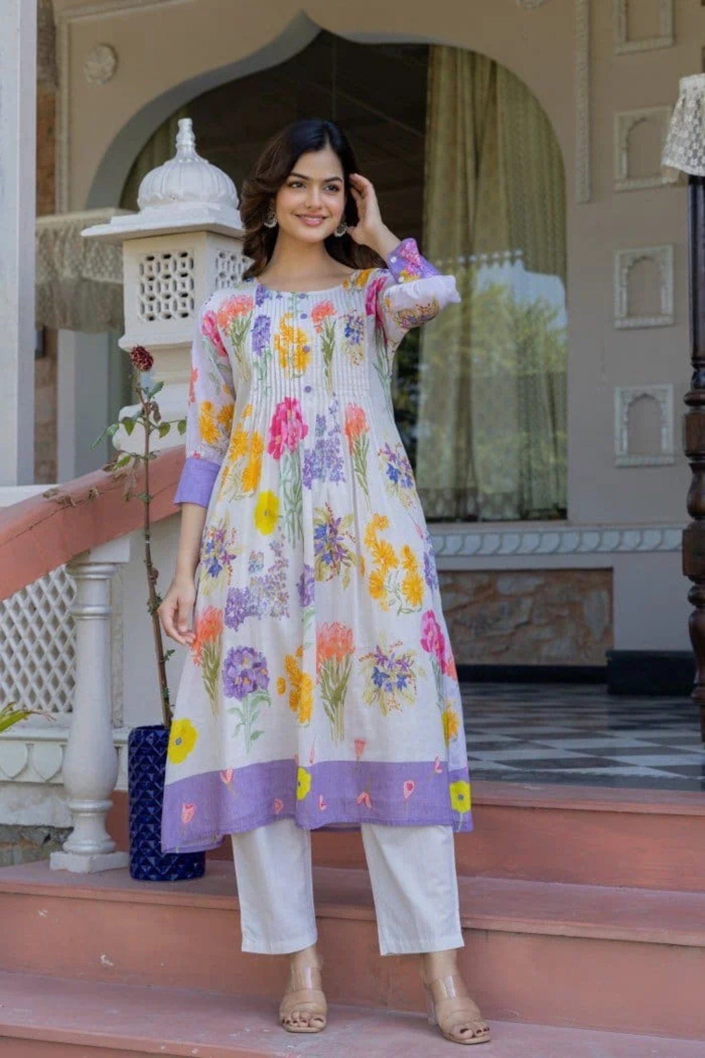 Blooming Floral Lilac Mul Kurta Set