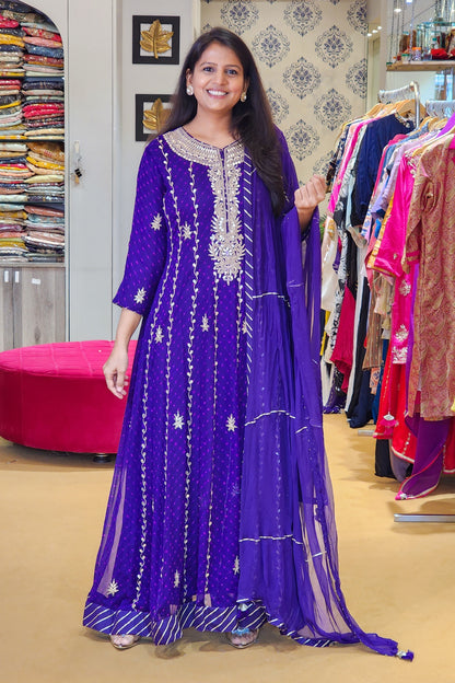 Purple Hand Mothra Anarkali Dress on Pure Georgette