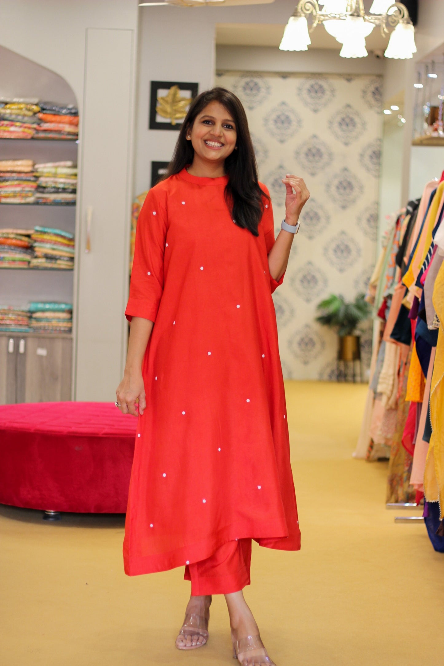 Red and White Dotted Dress with pants