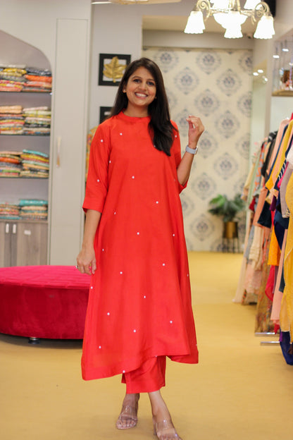 Red and White Dotted Dress with pants