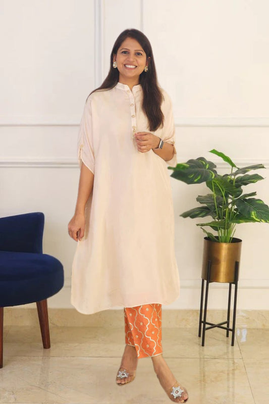 Kesariya Jaal Pants With Off White Kaftan