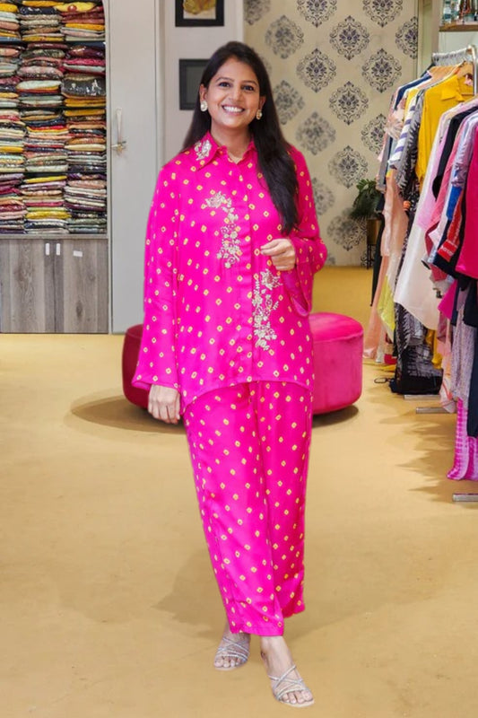 Rani Pink Bandhej Co Ord Set with Hand Work Detailing