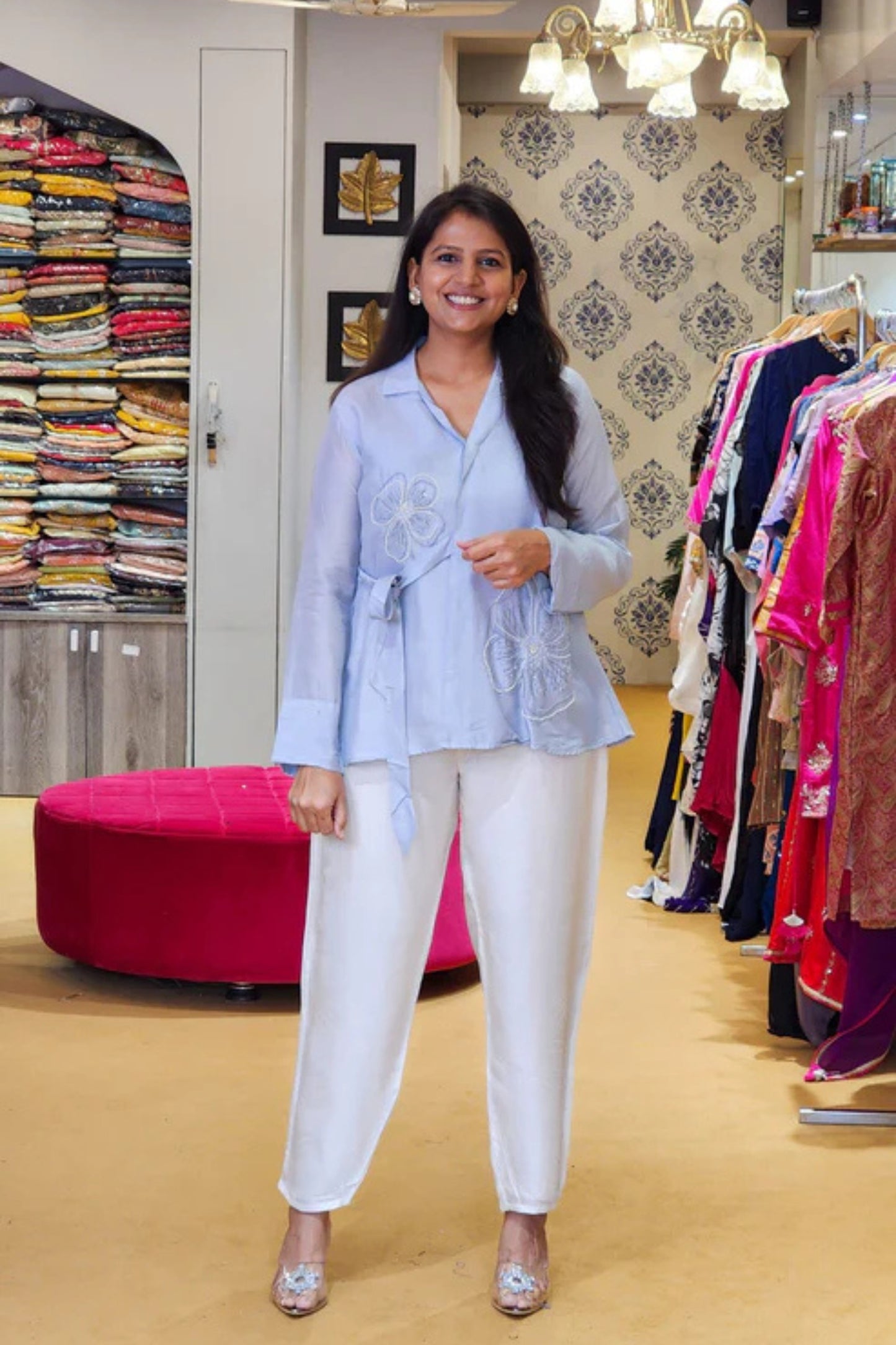Powder Blue Silk Flower Embellished Co Ord Set - PinkTree by Shrutika