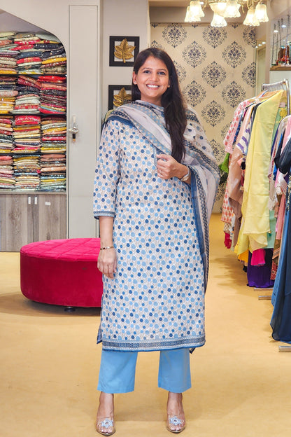 Blue Dotted Schiffli Cotton Suit Set