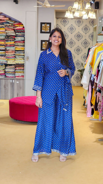 Blue Bandhej Angrakha Top and Palazzo Set