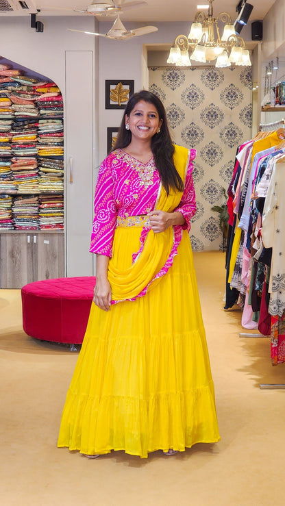Yellow Lehenga with Attached Duppata &amp; Pink Bandhej blouse