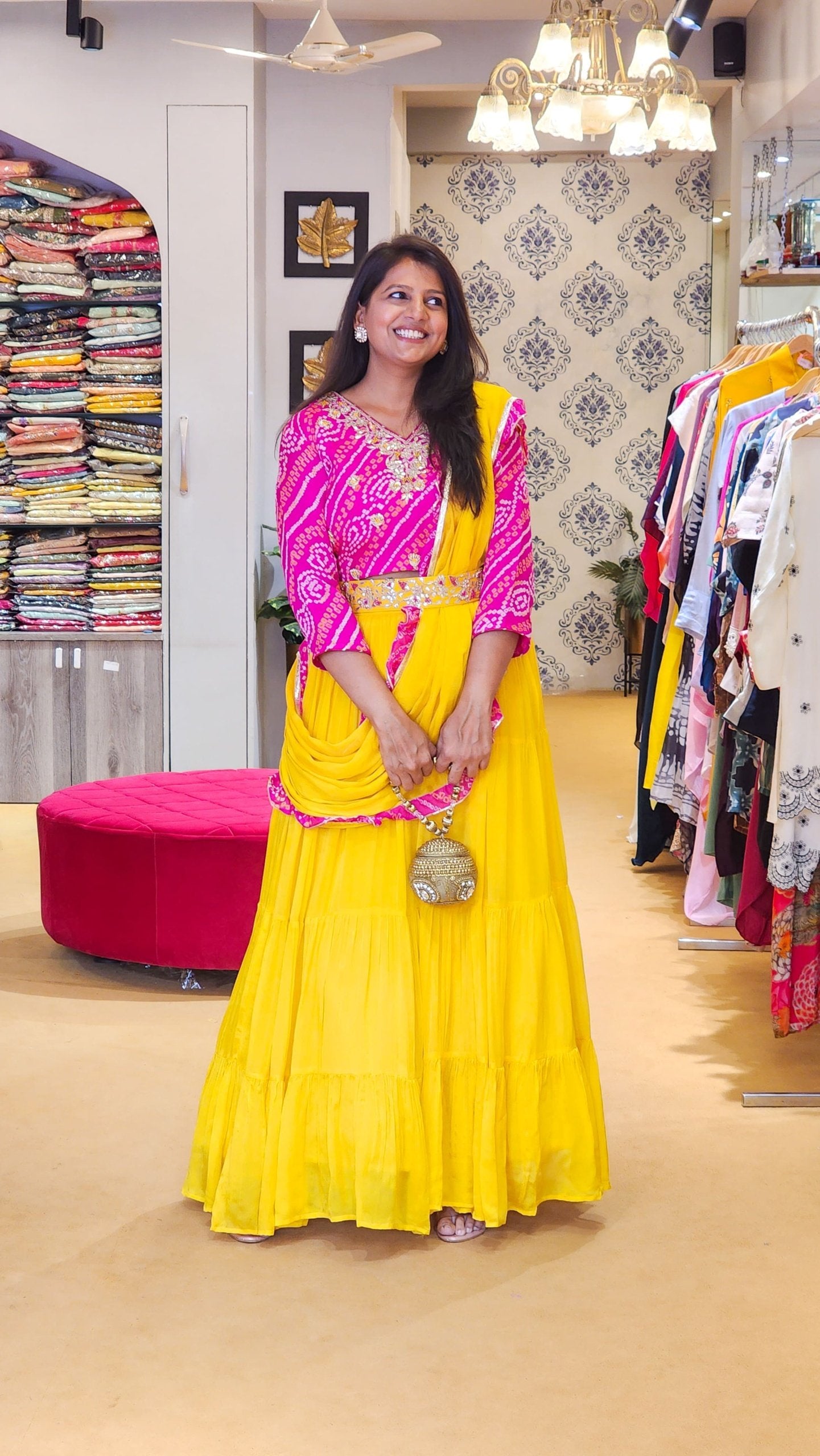 Yellow Lehenga with Attached Duppata &amp; Pink Bandhej blouse