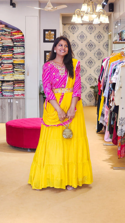 Yellow Lehenga with Attached Duppata &amp; Pink Bandhej blouse