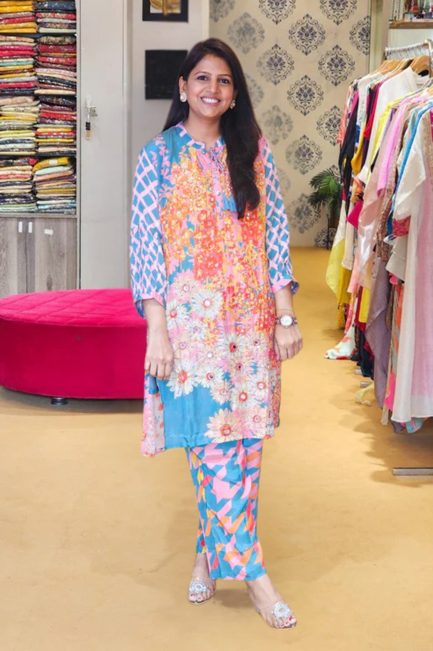 Turquoise Orange Floral Printed Co Ord Set