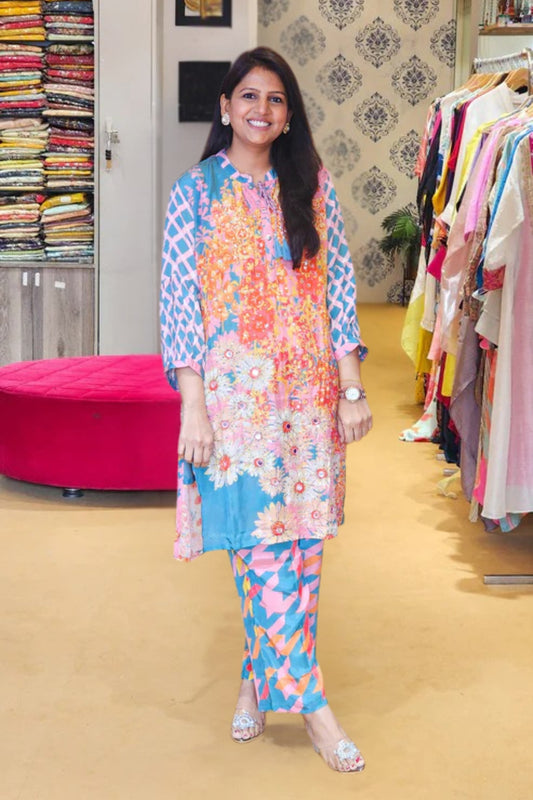 Turquoise Orange Floral Printed Co Ord Set
