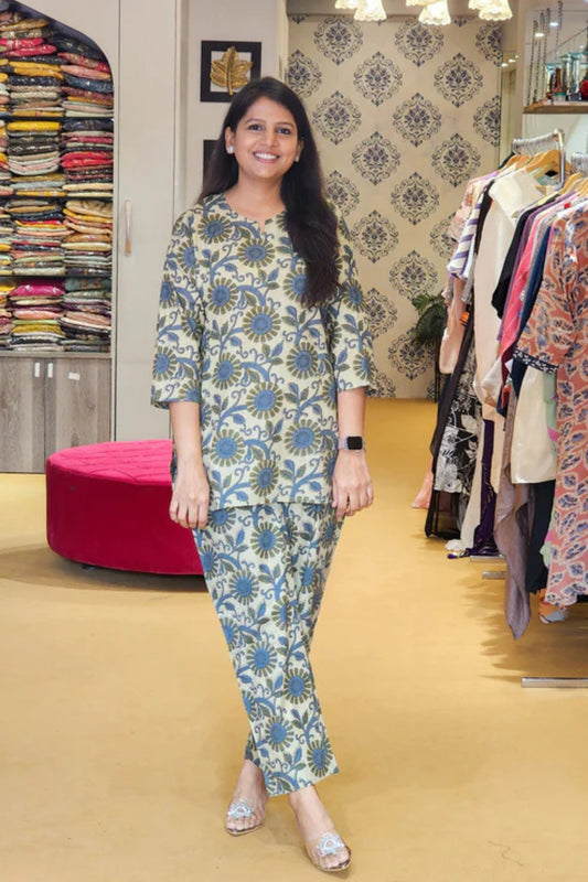 Sage Green Cotton Printed Lounge Wear