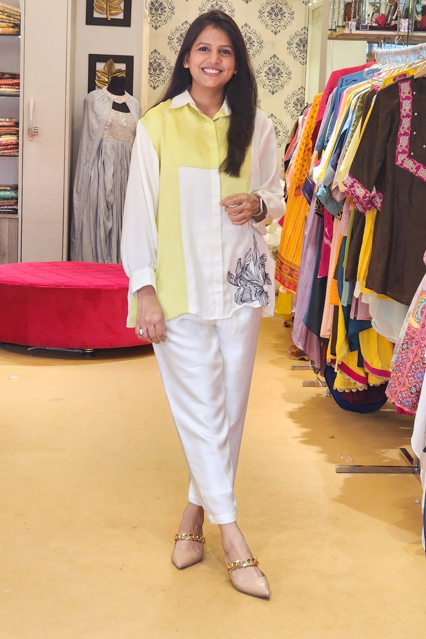 White and Neon Co Ord Set with Flower embellishment