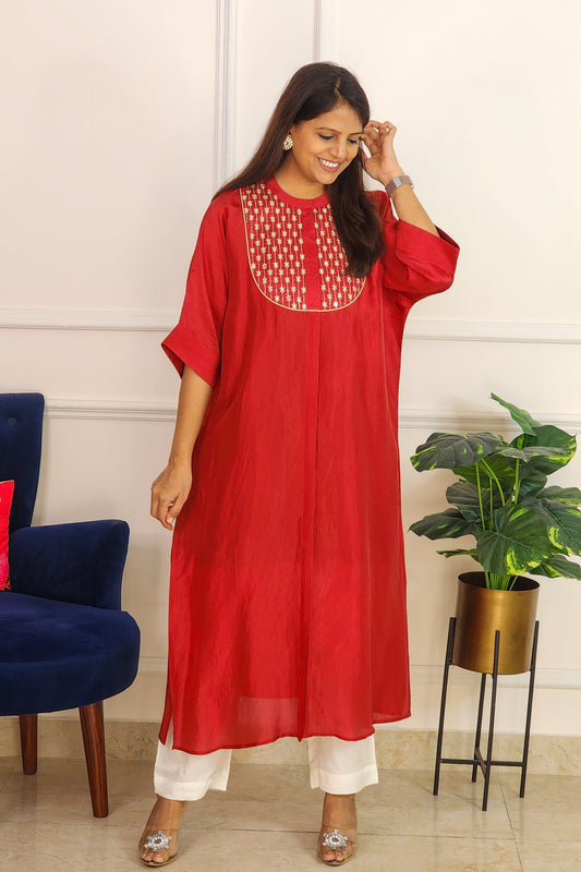 Cherry Red Mirror Yoke Kaftan Set