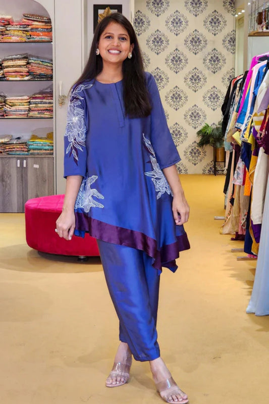 Blue Embroidered Top and Straight Pants Set