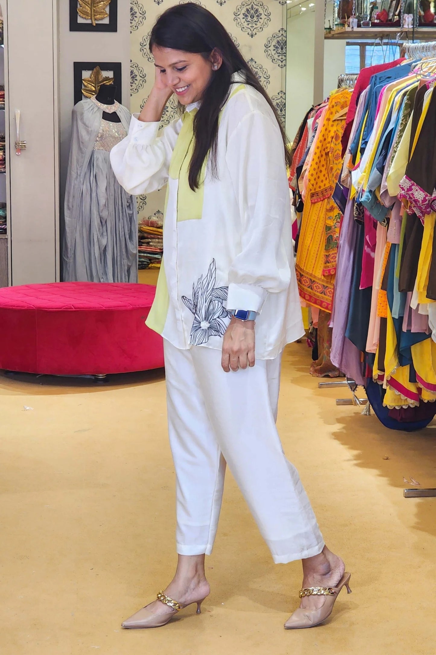 White and Neon Co Ord Set with Flower embellishment