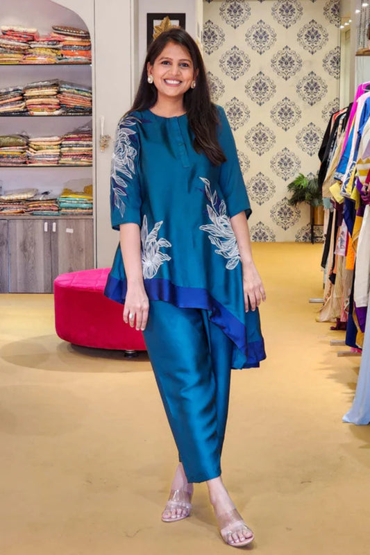 Dark Green Embroidered Top and Straight Pants Set - PinkTree by Shrutika