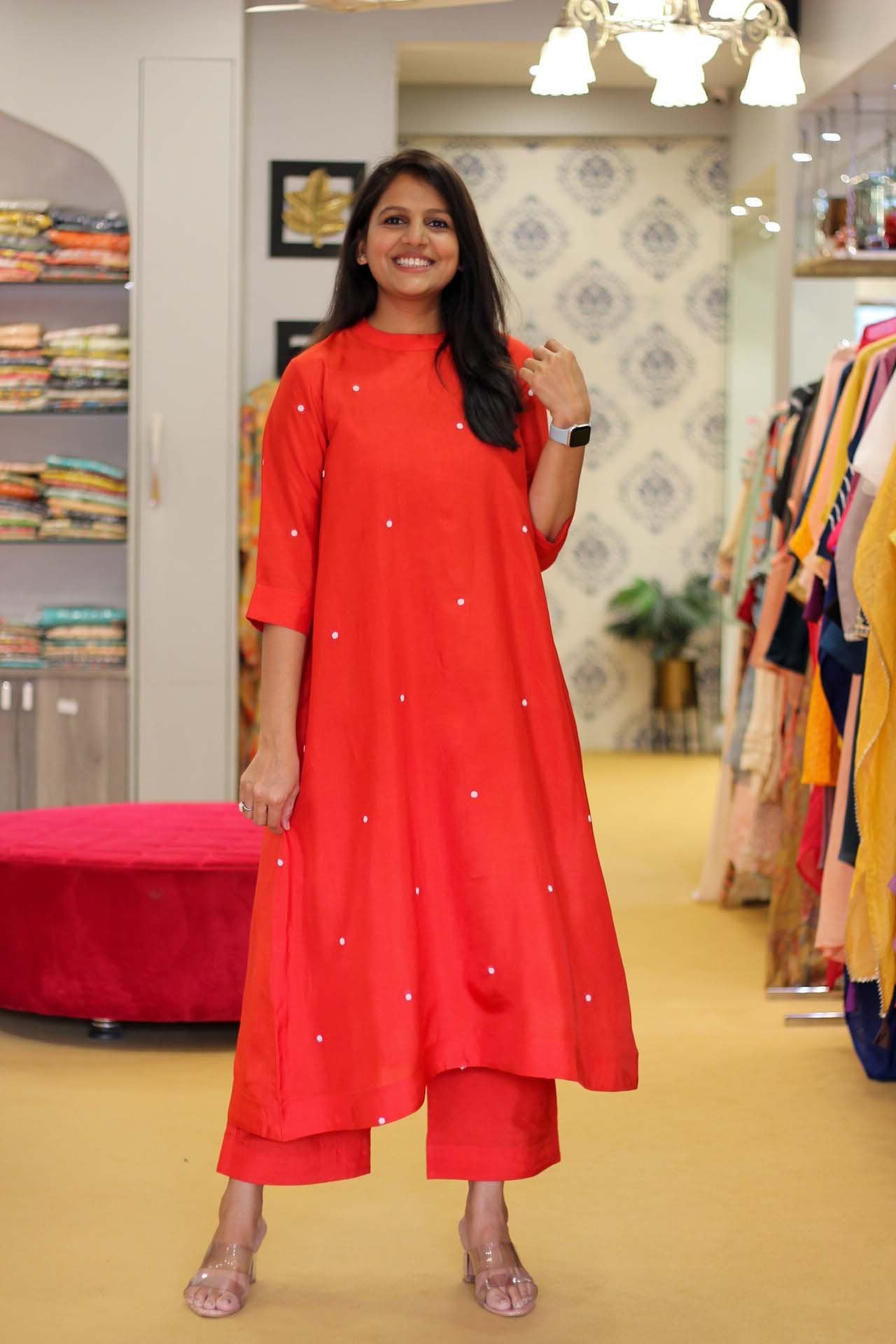 Red and White Dotted Dress with pants