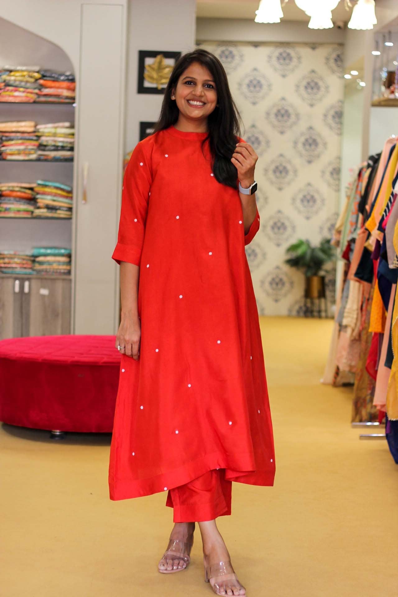 Red and White Dotted Dress with pants