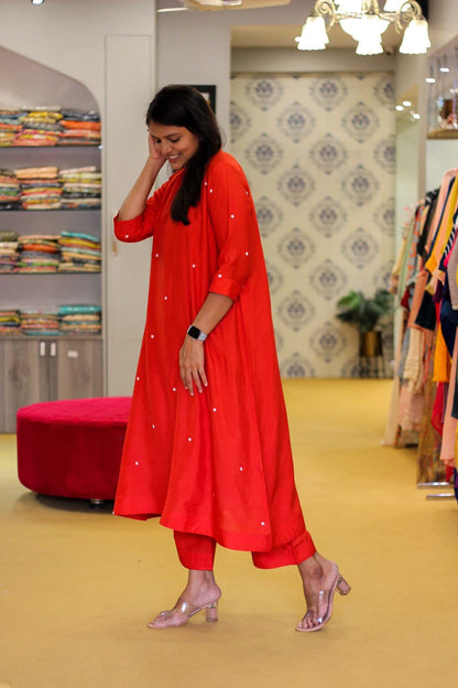 Red and White Dotted Dress with pants