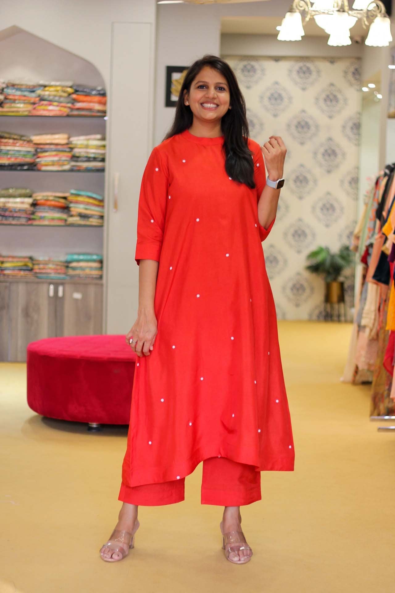 Red and White Dotted Dress with pants