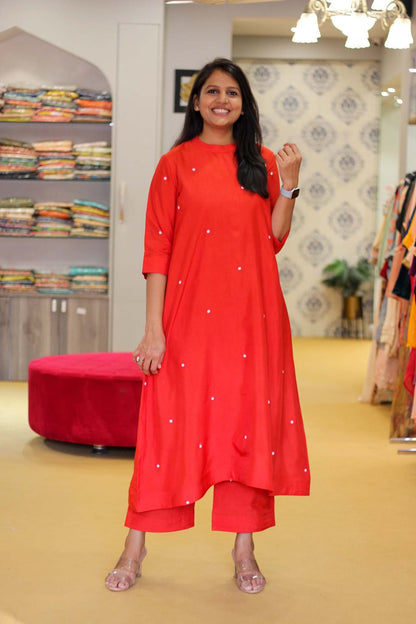 Red and White Dotted Dress with pants
