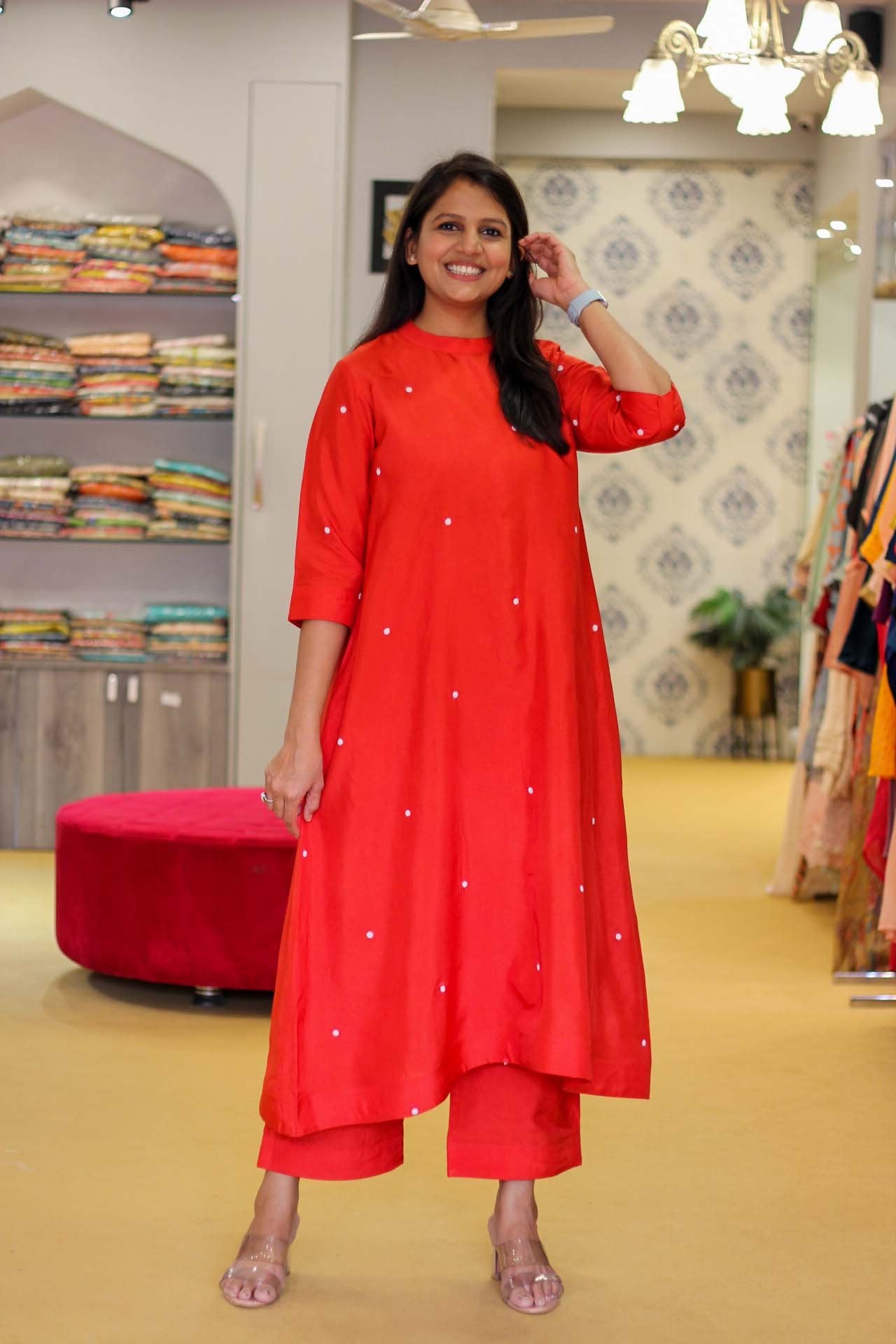 Red and White Dotted Dress with pants