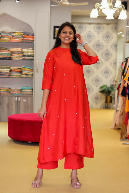 Red and White Dotted Dress with pants