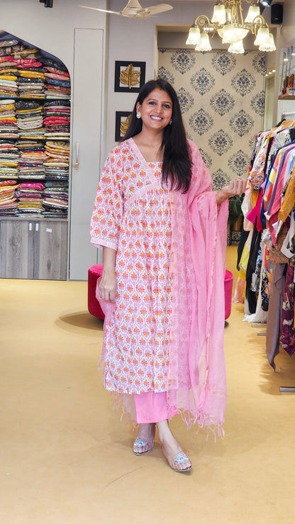 Pink And White Alia Cut Cotton Suit Set with Doriya Duppata