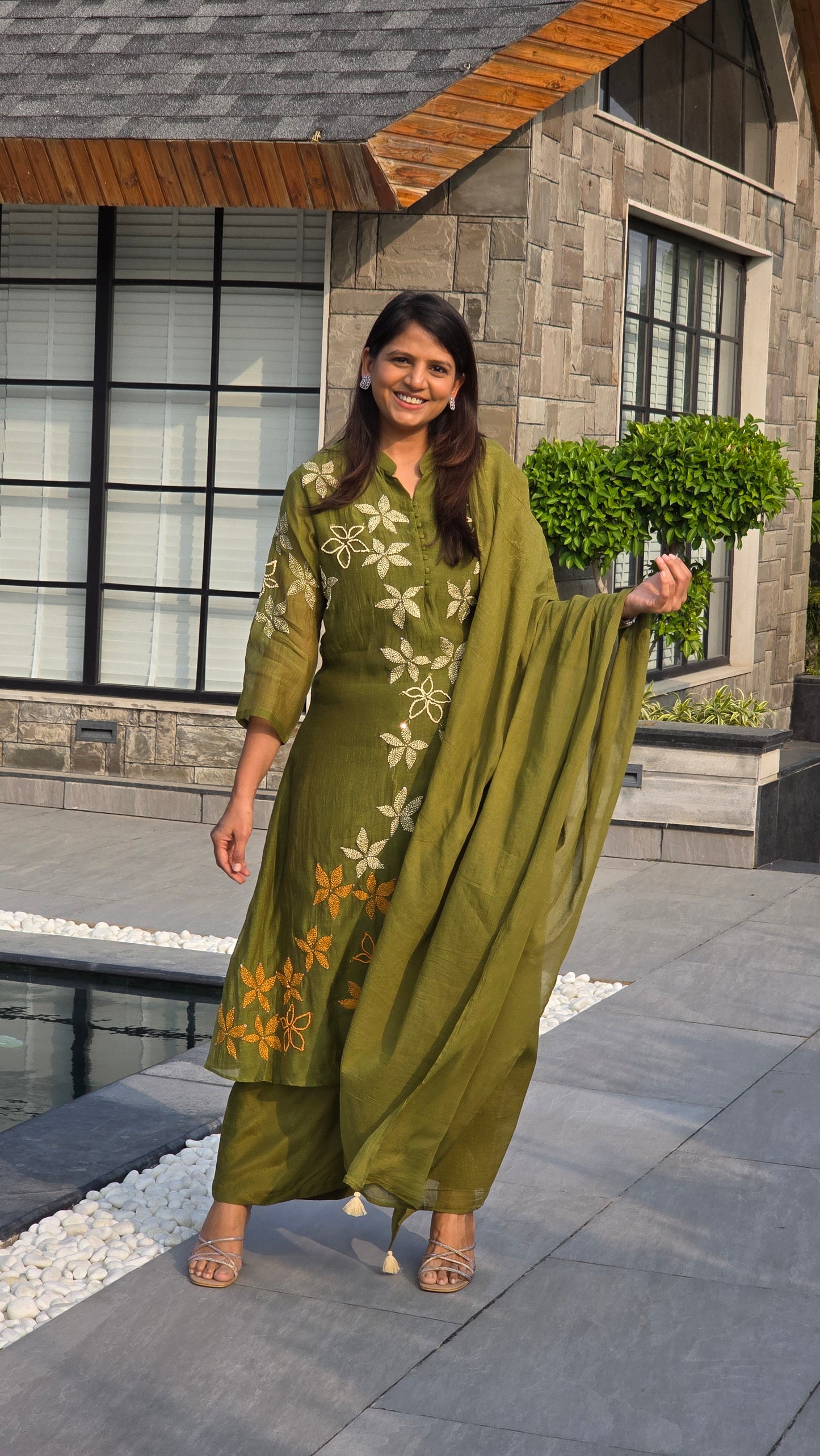 Kantha Olive Mul chanderi Suit