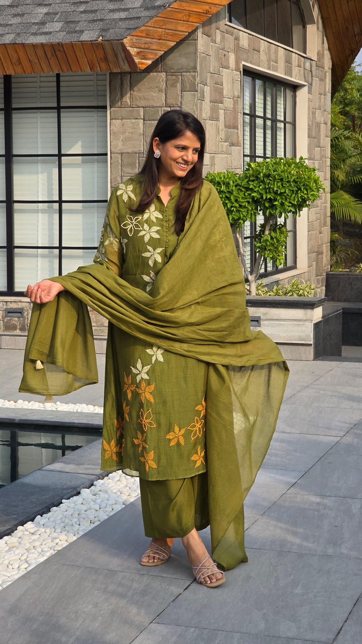 Kantha Olive Mul chanderi Suit