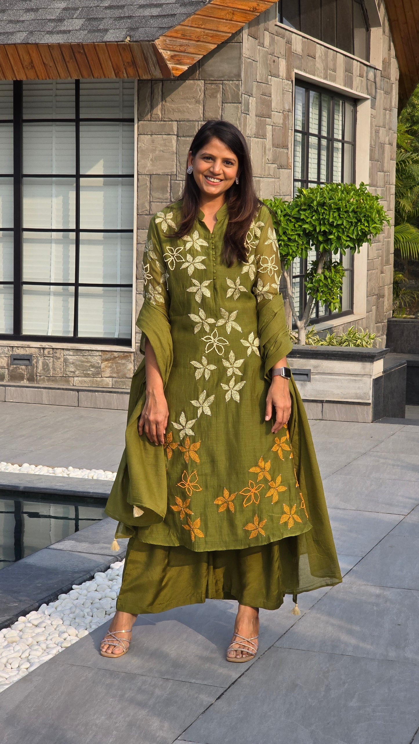 Kantha Olive Mul chanderi Suit