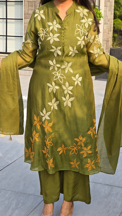Kantha Olive Mul chanderi Suit