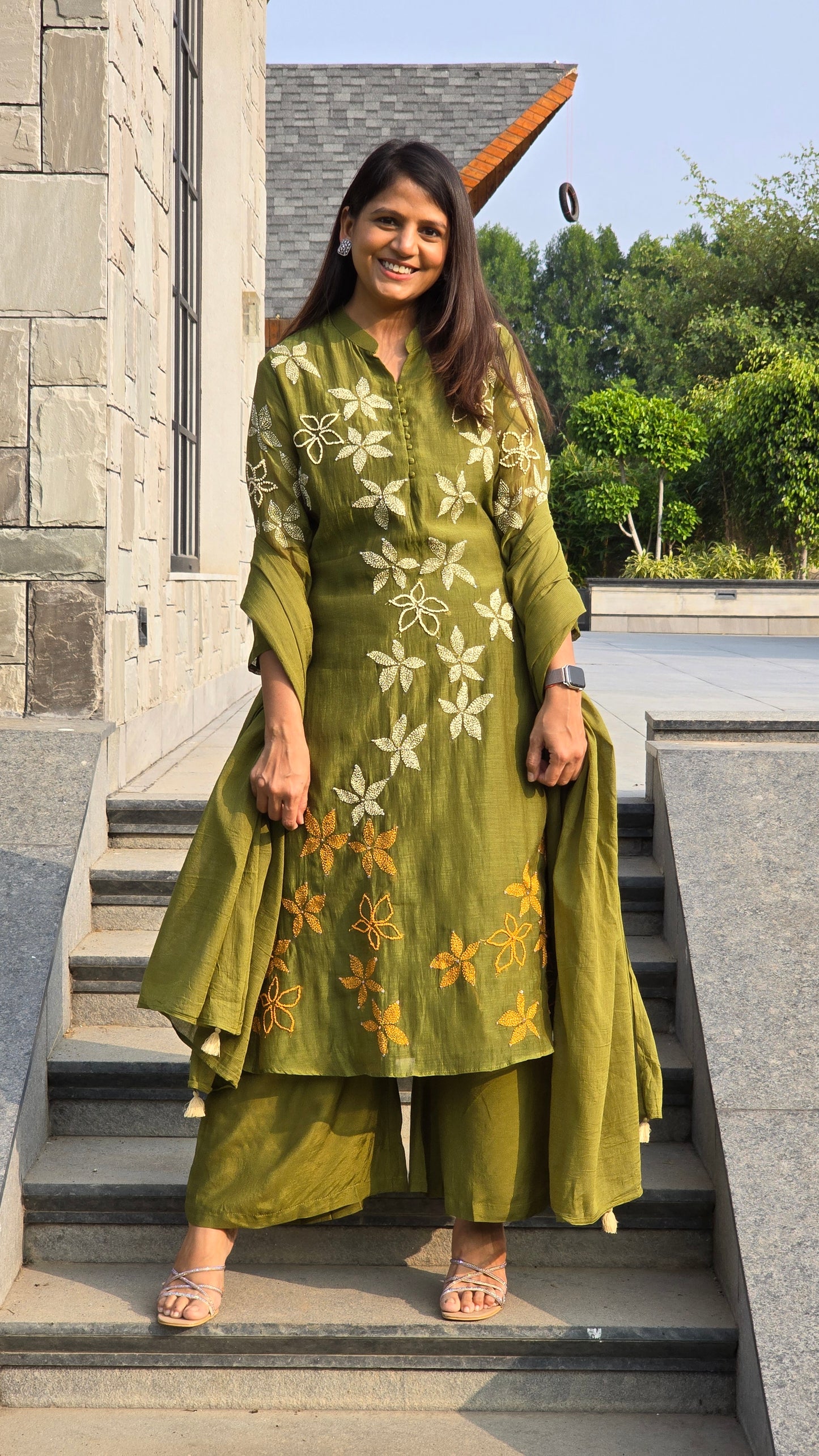Kantha Olive Mul chanderi Suit