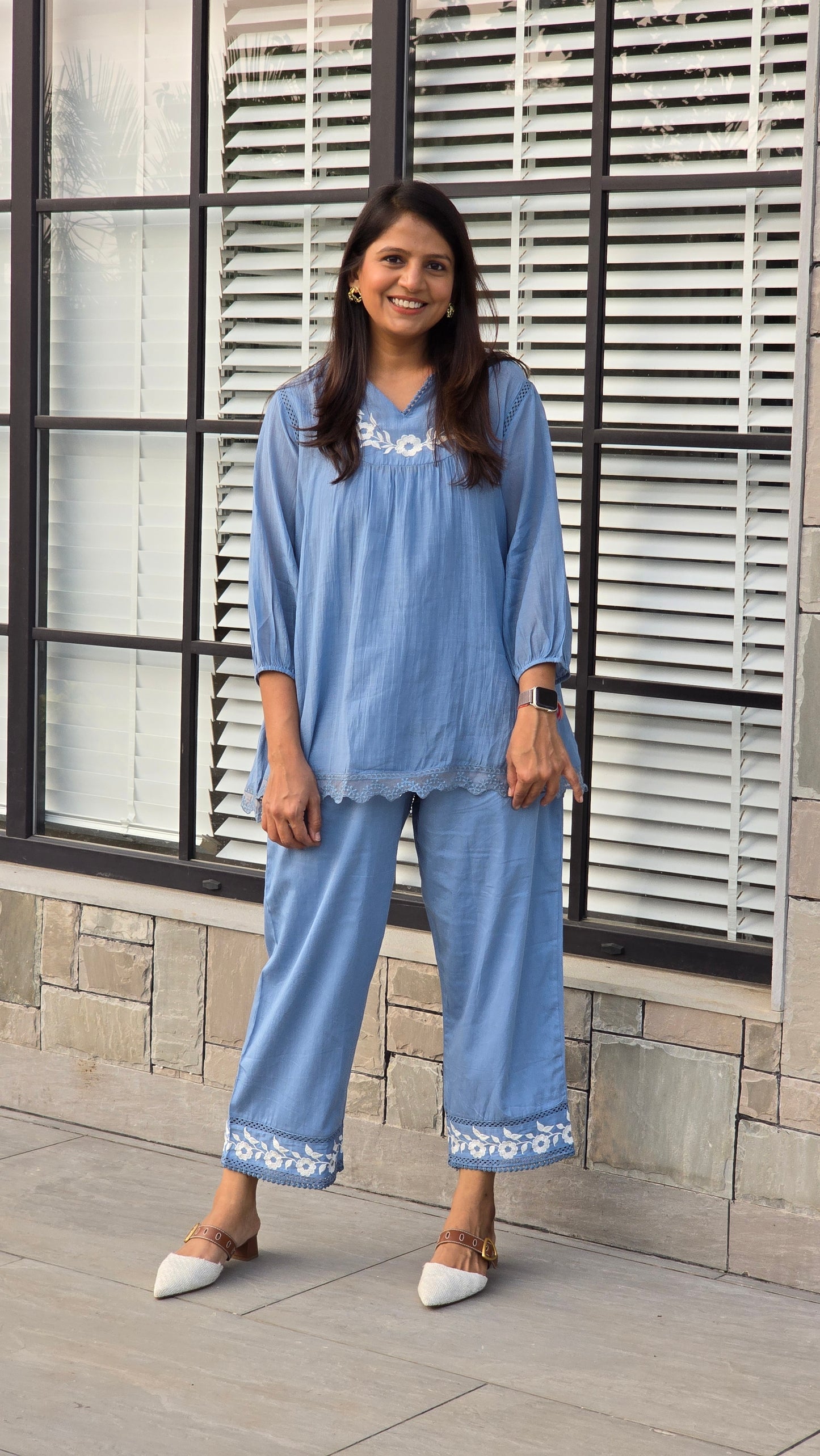 Blue Flora Embriodery Co ord Set