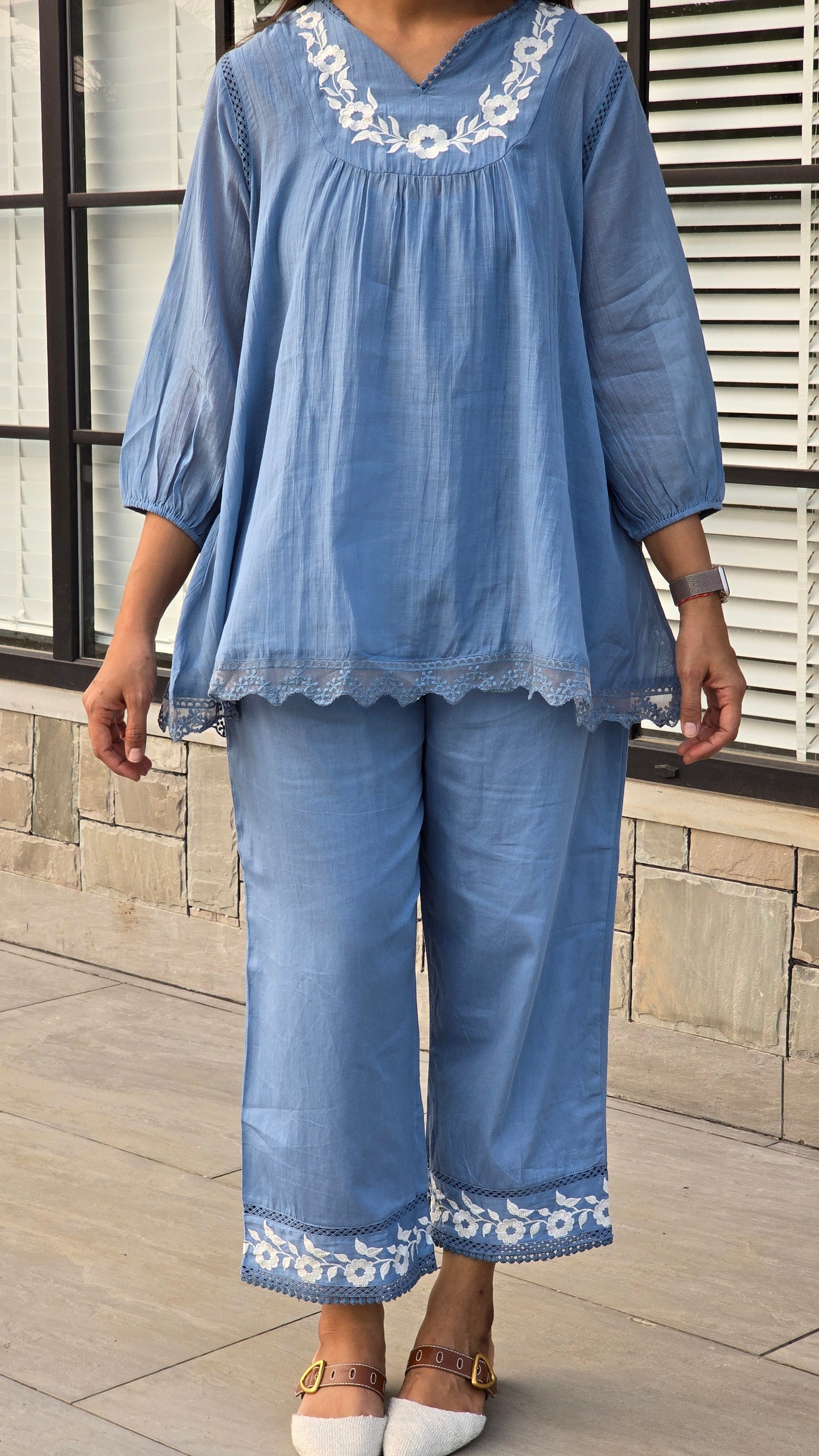 Blue Flora Embriodery Co ord Set