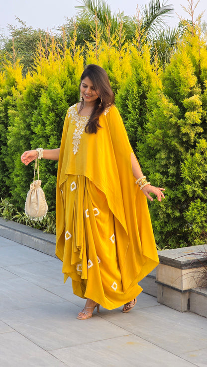 Yellow Fusion Cape Top and Skirt Set