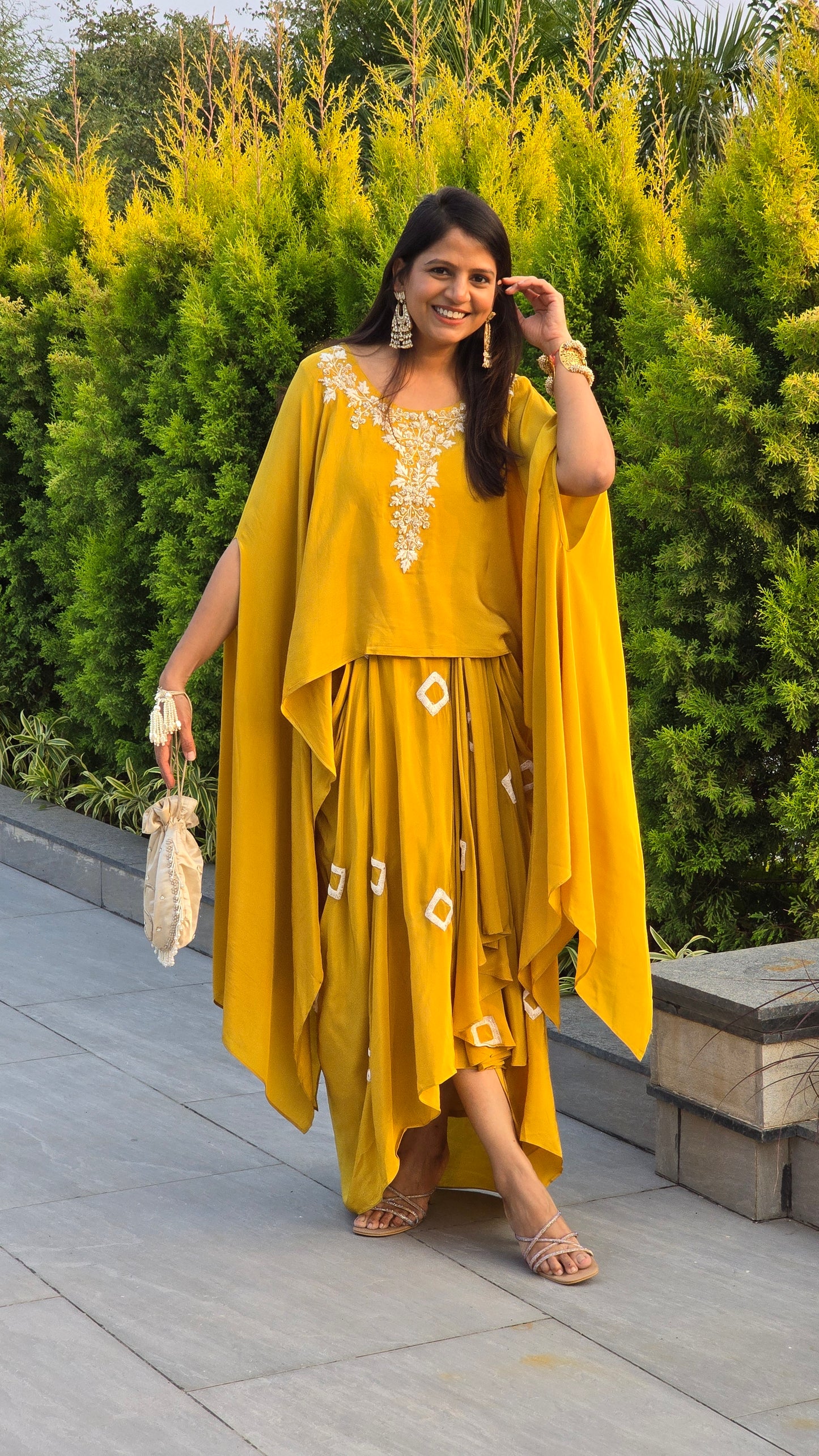 Yellow Fusion Cape Top and Skirt Set
