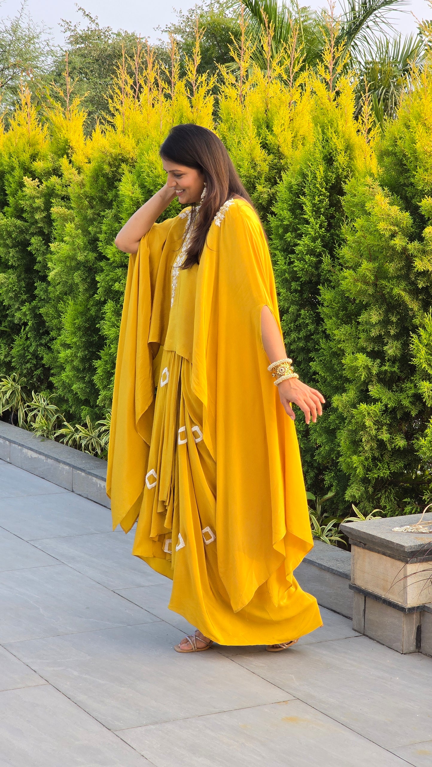 Yellow Fusion Cape Top and Skirt Set