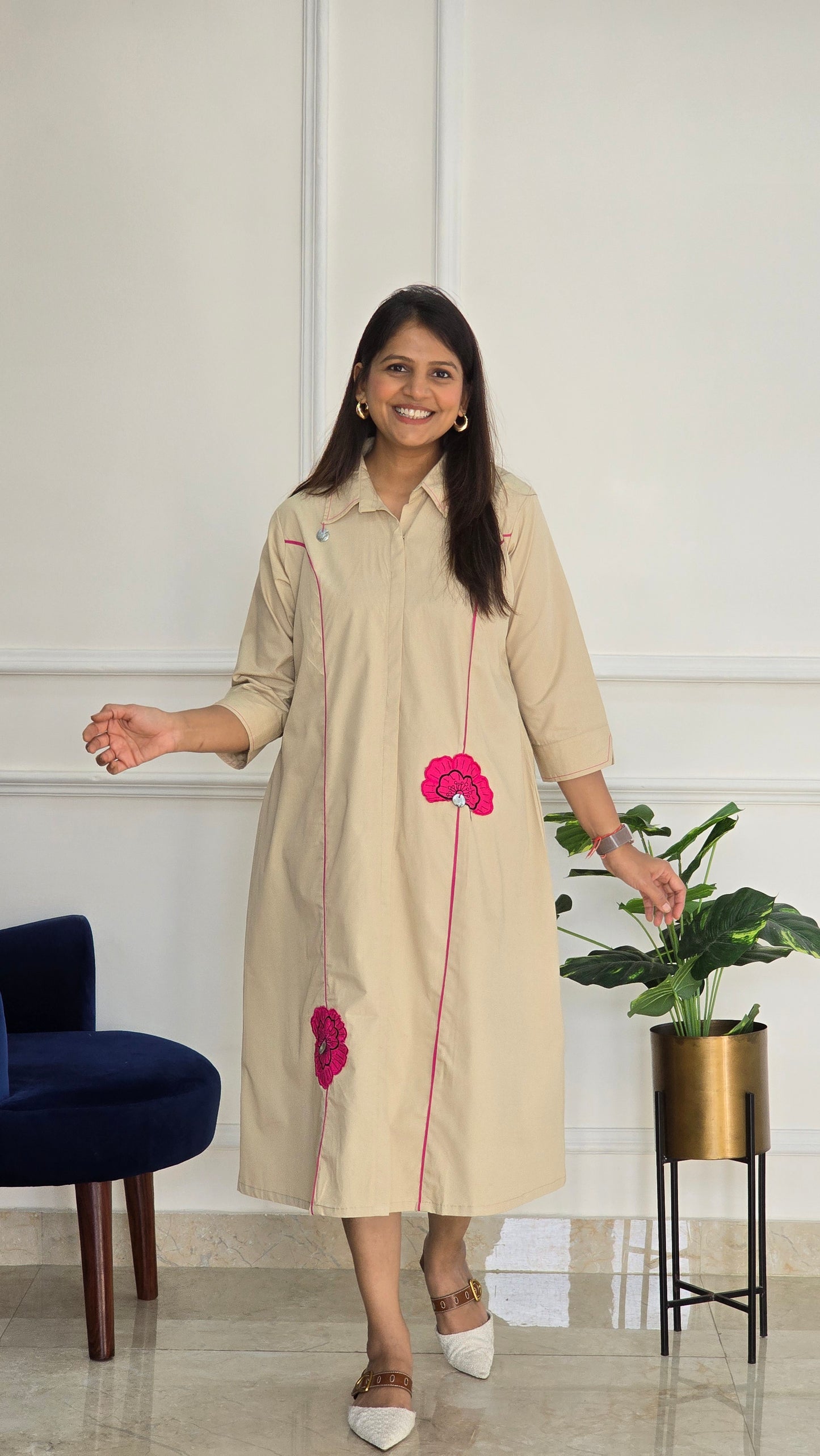 Beige Tunic With Pink Embellishments