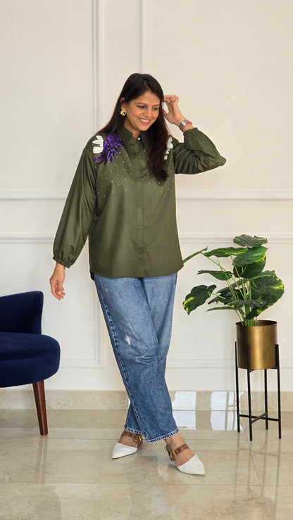 Green Shoulder Embellished Shirt