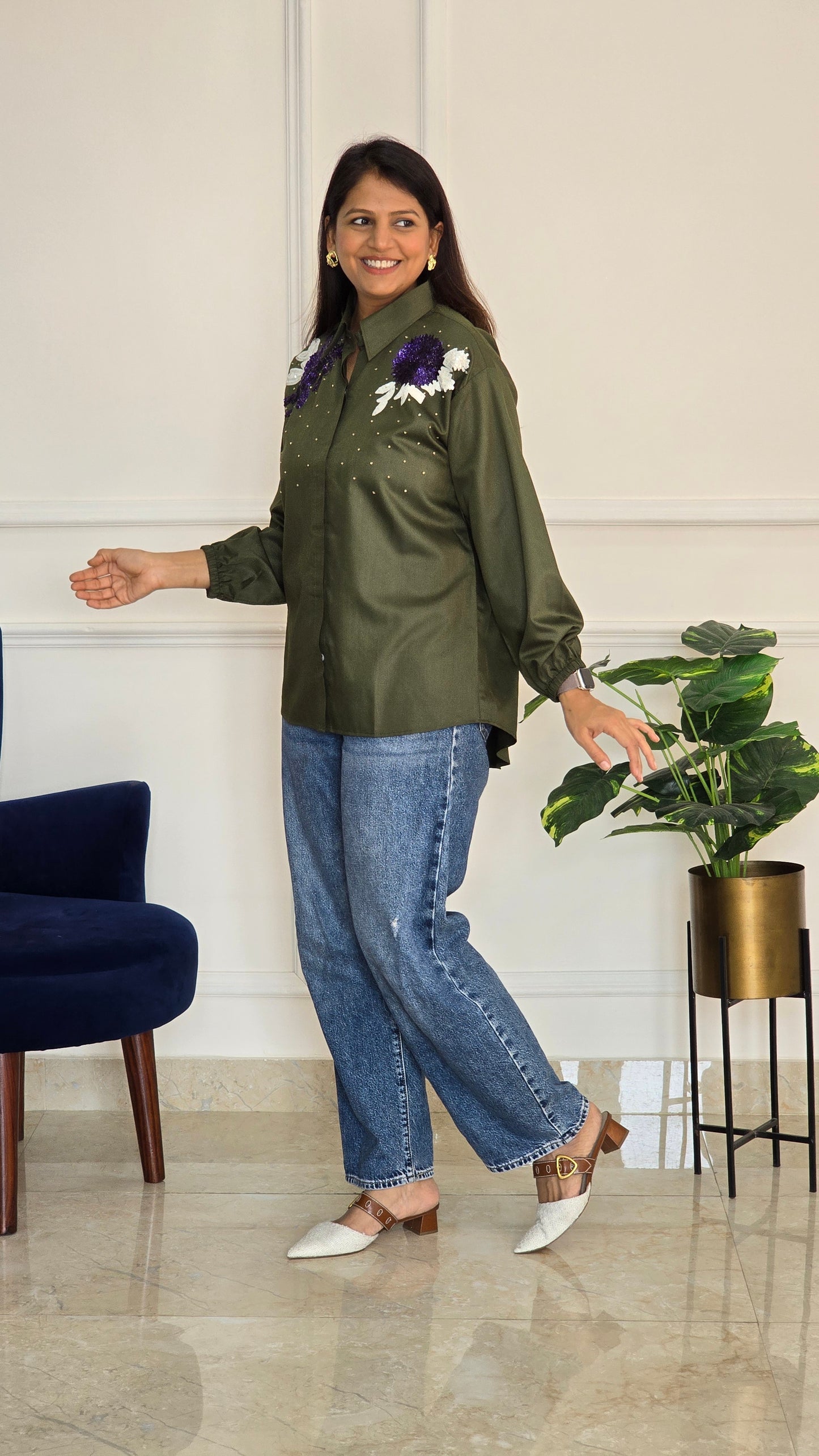 Green Shoulder Embellished Shirt