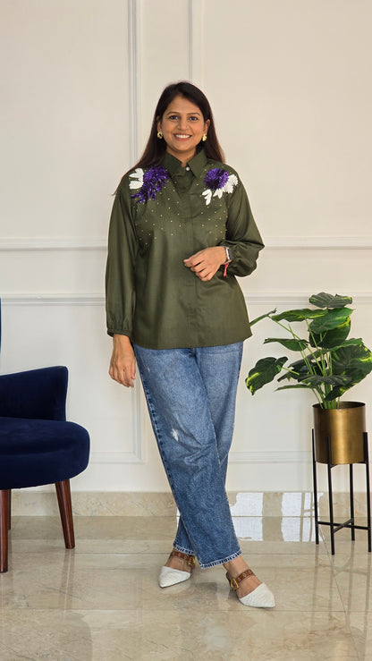 Green Shoulder Embellished Shirt