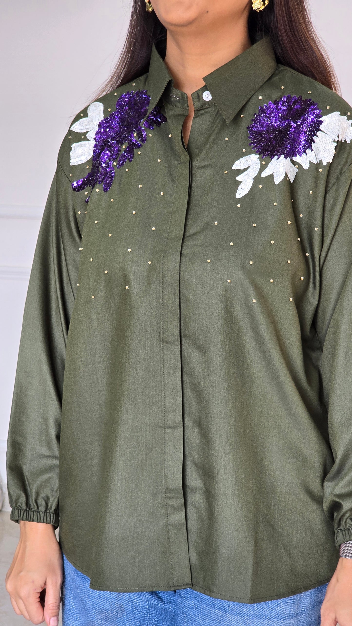 Green Shoulder Embellished Shirt