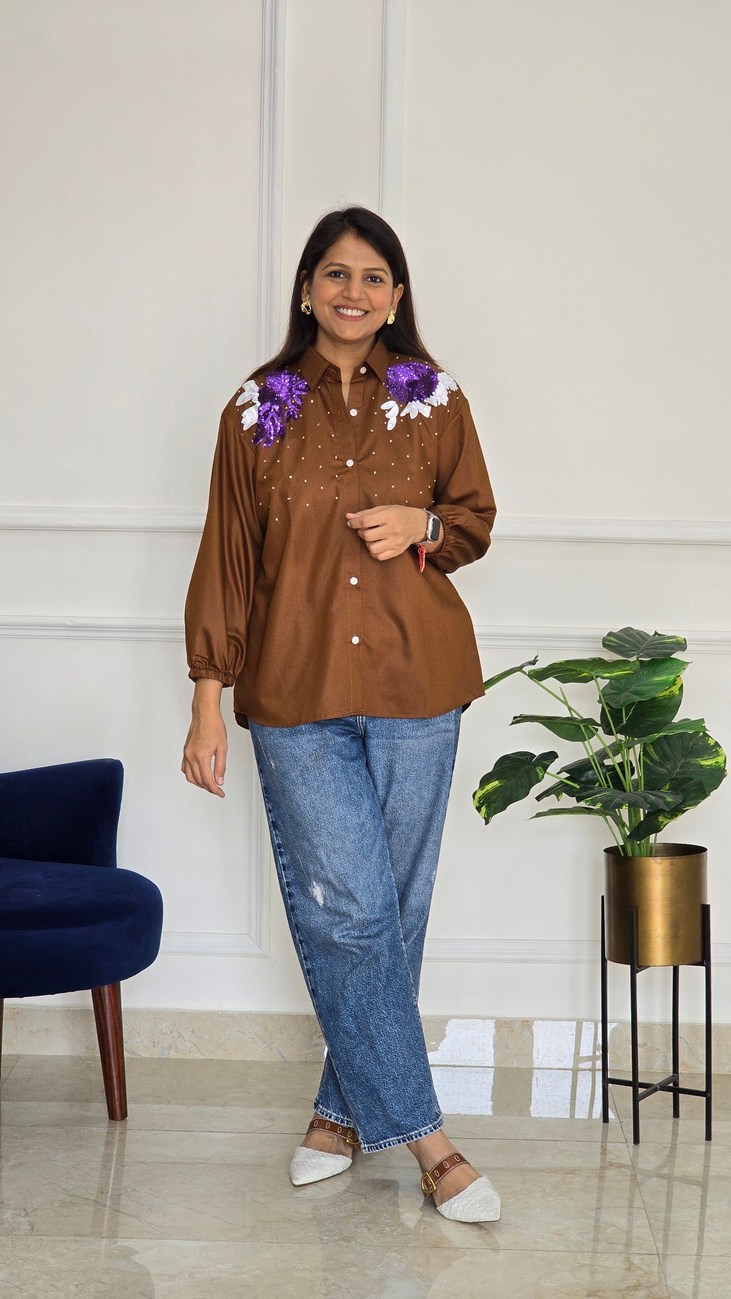 Brown Shoulder Embellished Shirt