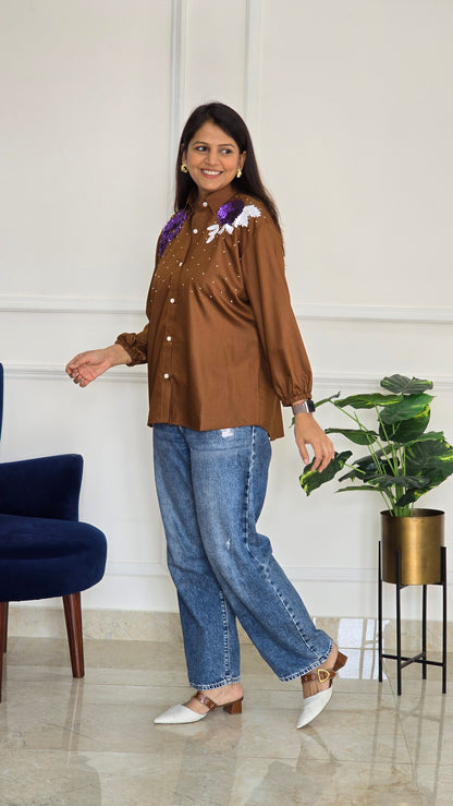 Brown Shoulder Embellished Shirt