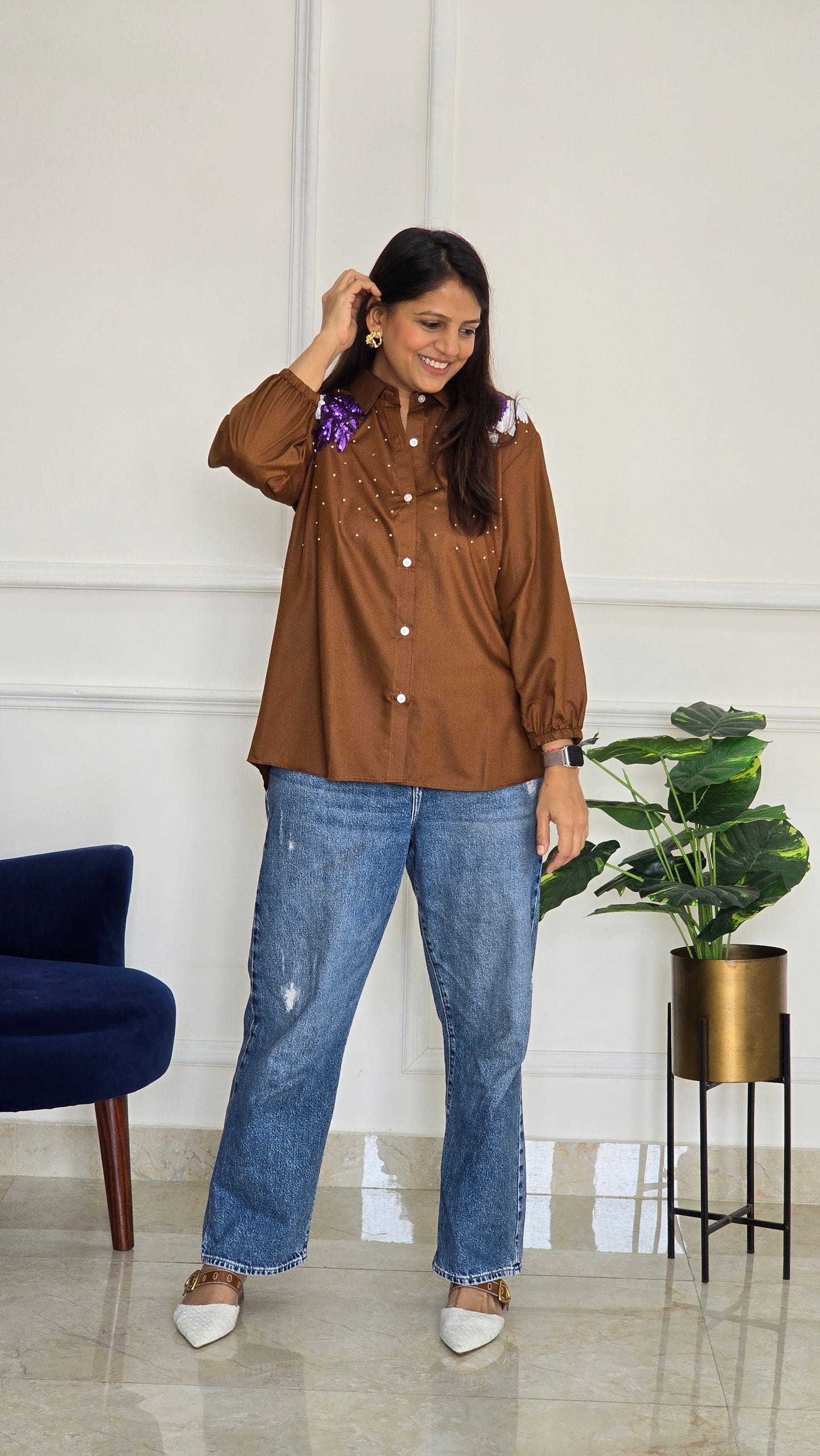 Brown Shoulder Embellished Shirt
