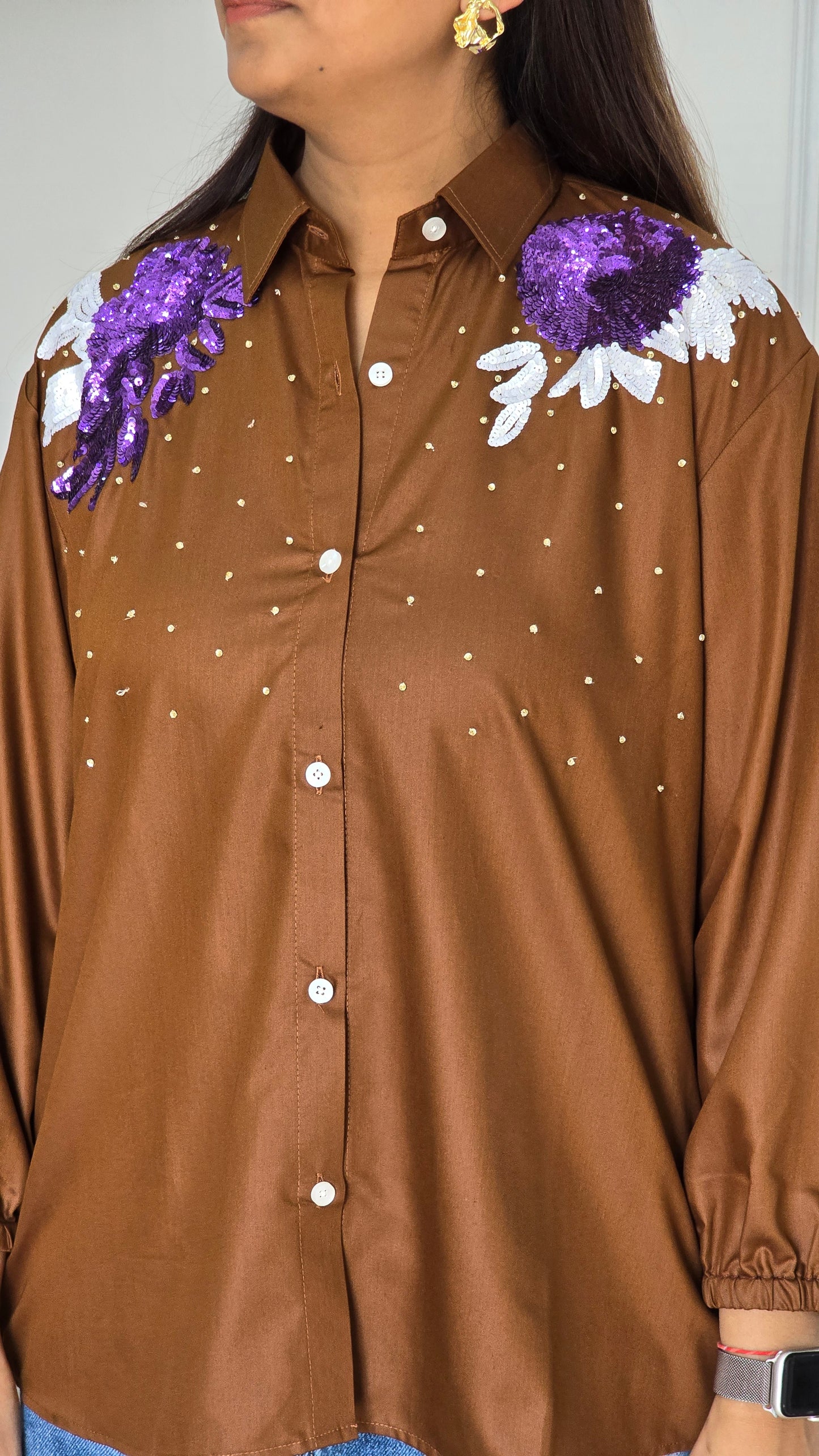 Brown Shoulder Embellished Shirt