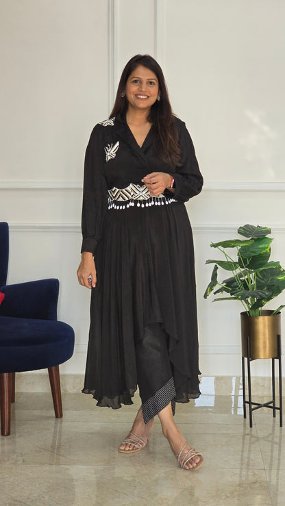 Black Asymmetric Top and Pants - View 2 - PinkTree by Shrutika